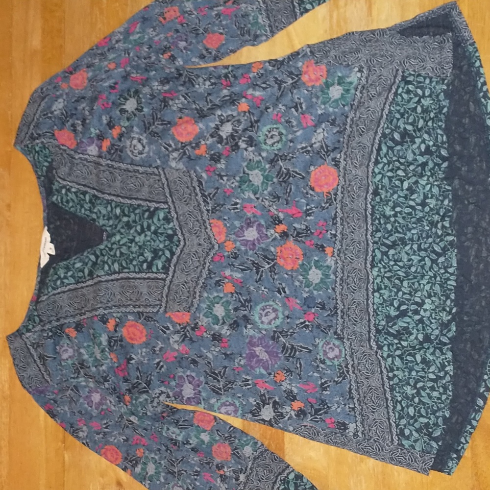 Lucky Brand Womens Blue Floral Flowy Top Size 1X 3/4 Sleeve Boho Festival Gypsy